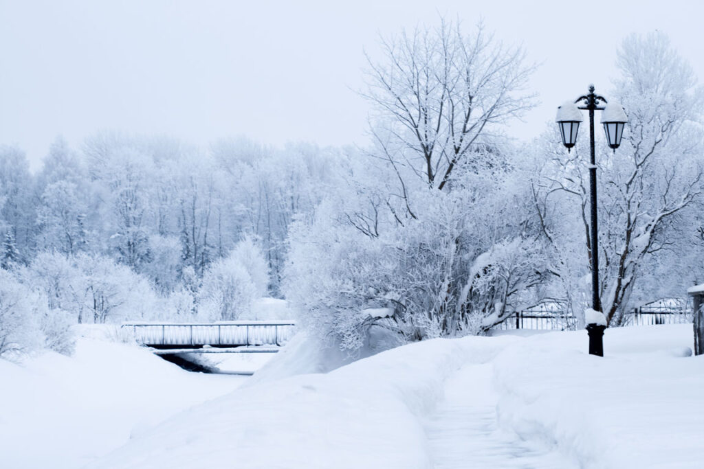 snowy winter landscape with trees, a bridge, and a lamp post